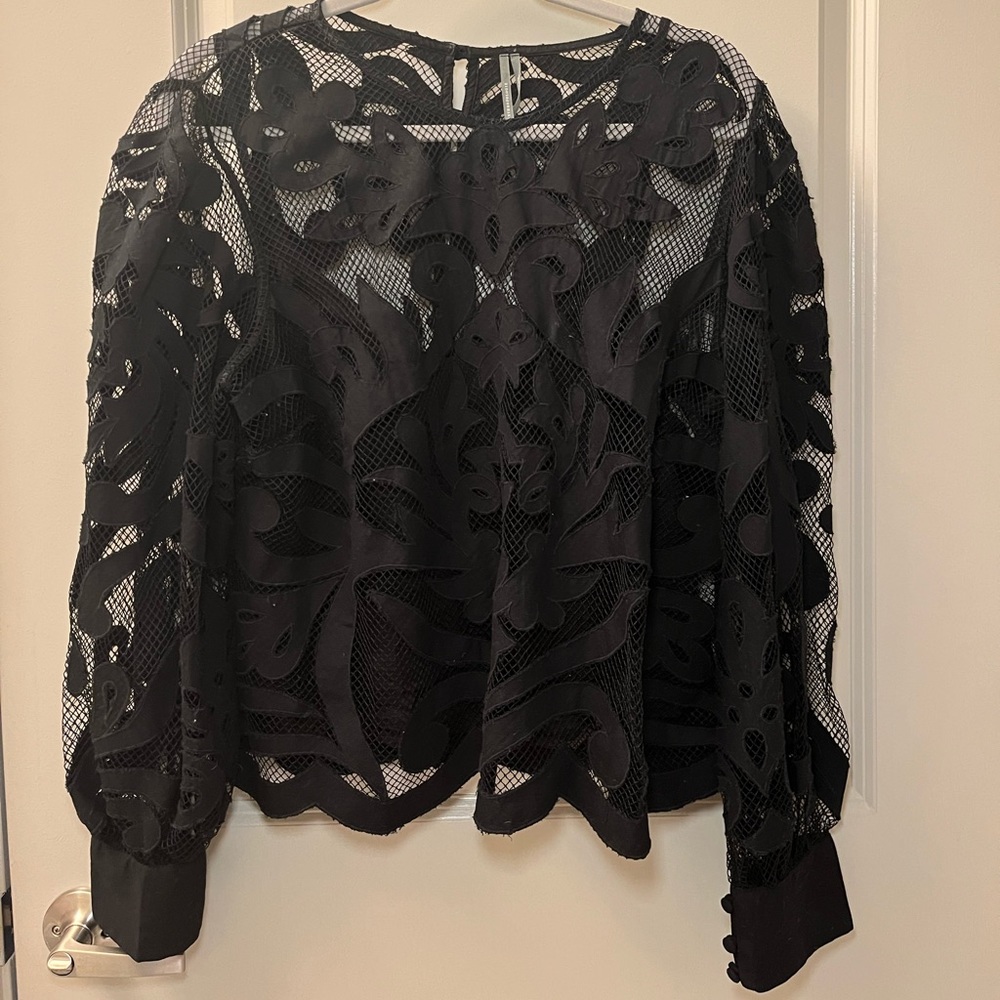 Anthropologie black lace blouse with decorative buttons on back